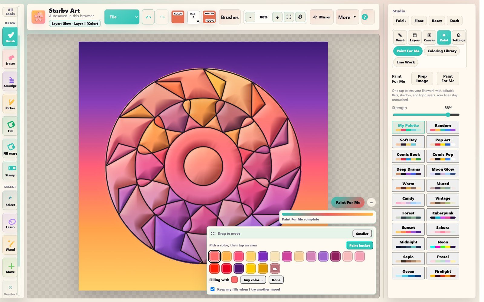The Starby Art studio with a mandala painted in the Sunset mood and the paint bucket palette open