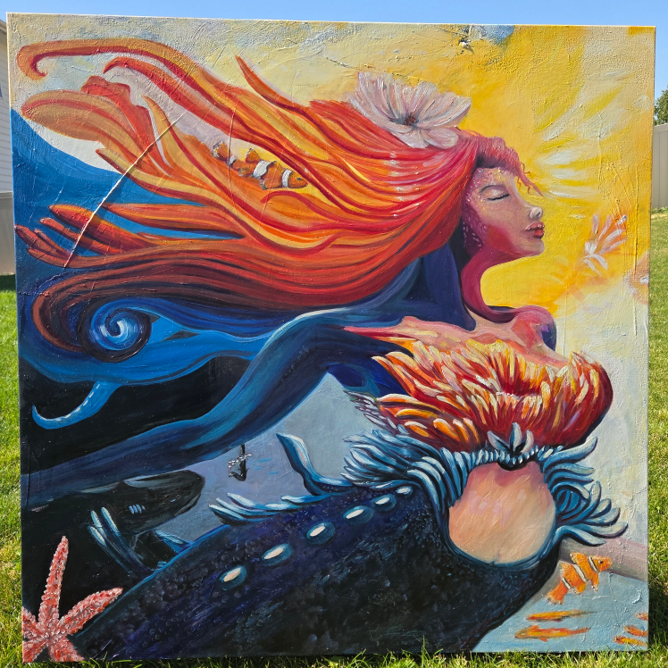 Mythic mermaid canvas painting faded behind the Starby Art header
